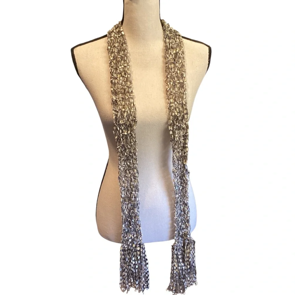Handcrafted Fancy Ribbon Knit Fringe Scarf Gold, Brown, and Silver Stretch Boa‎